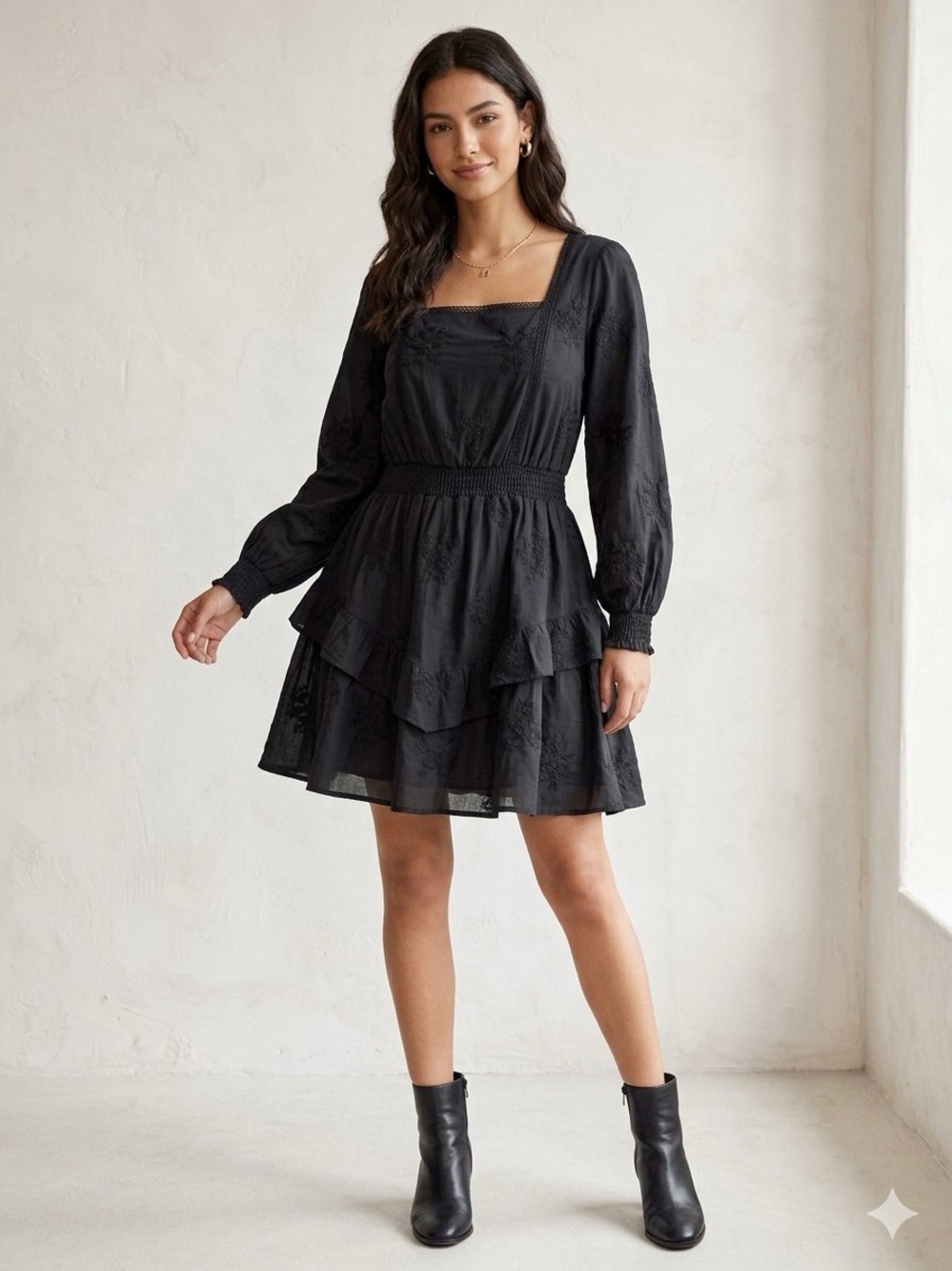 Embroidered Eyelet Black Tiered Mini Dress • Size Large • NWT